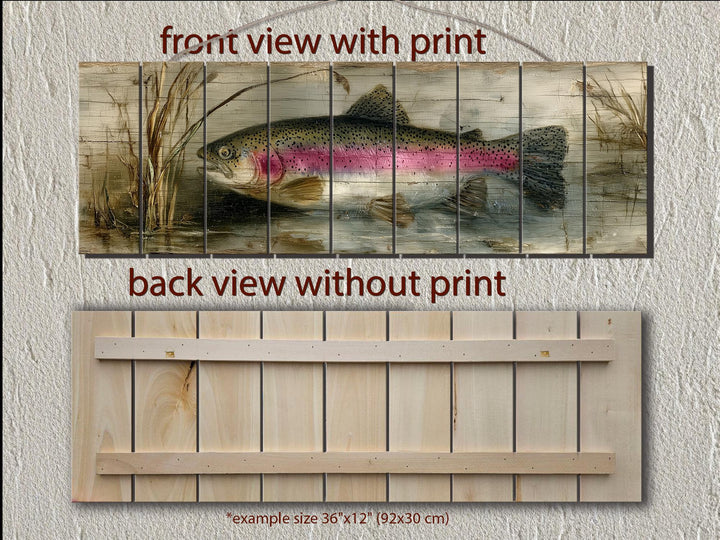 Front and back views of a rustic rainbow trout scene printed on horizontal distressed wood planks.