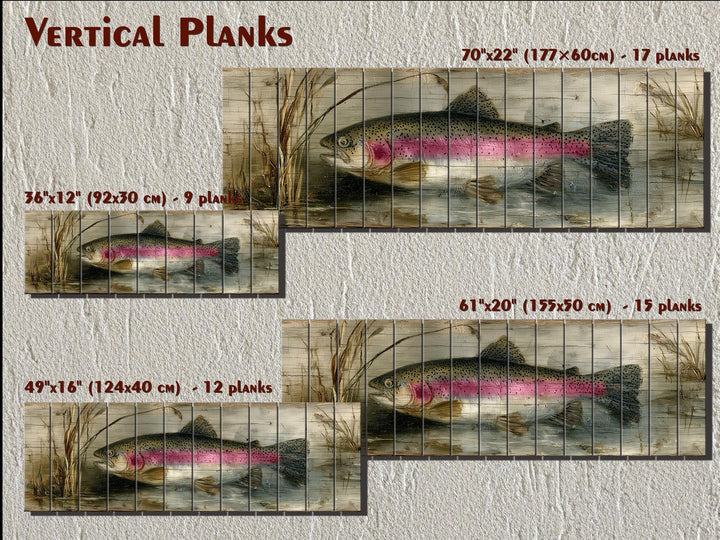 Rustic rainbow trout wall art on vertical wood planks in four sizes for cabin or lake house decor.