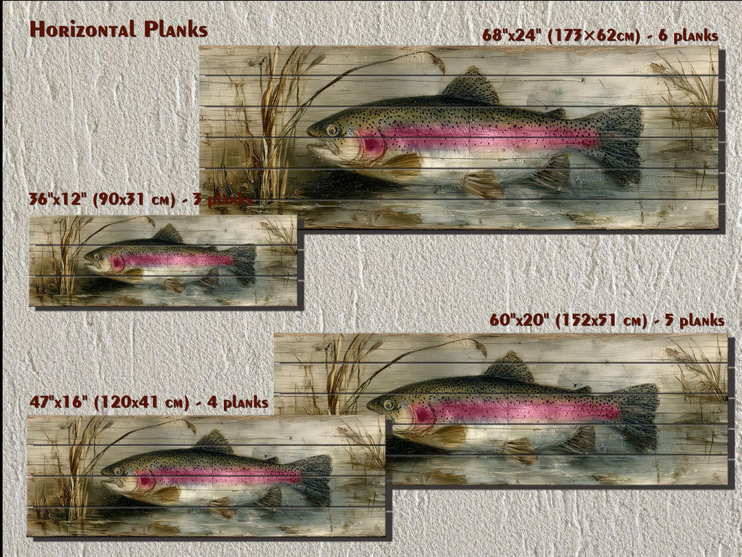 Rustic rainbow trout wall art on horizontal wood planks in four different sizes.