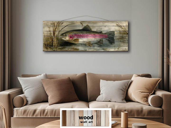 Rustic rainbow trout lake scene wall art printed on distressed wood planks above a tan sofa.
