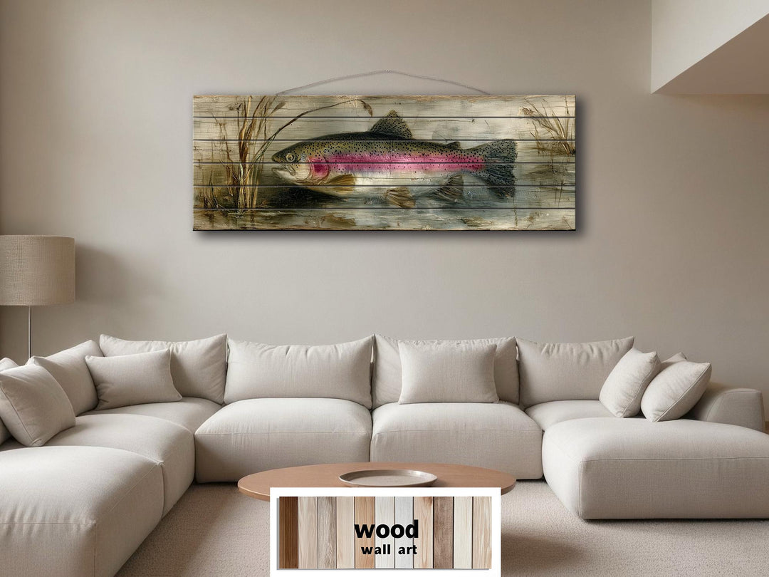 Rustic rainbow trout lake scene wall art printed on distressed wood planks above a neutral sofa.