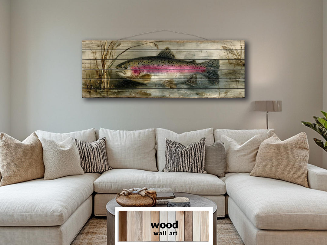 Rustic rainbow trout lake scene wall art printed on distressed wood planks above a living room sofa.