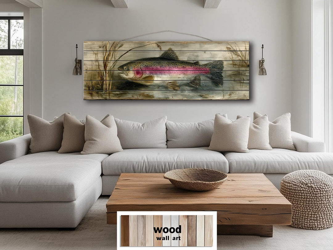 Rustic wood wall art featuring a detailed rainbow trout in a calm lake scene above a modern sofa.