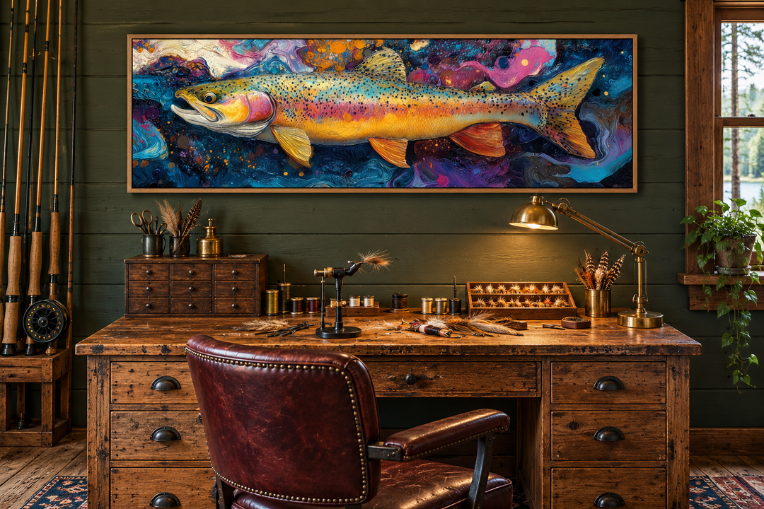 Colorful rainbow trout framed canvas wall art hanging above a rustic wooden fly-tying desk.