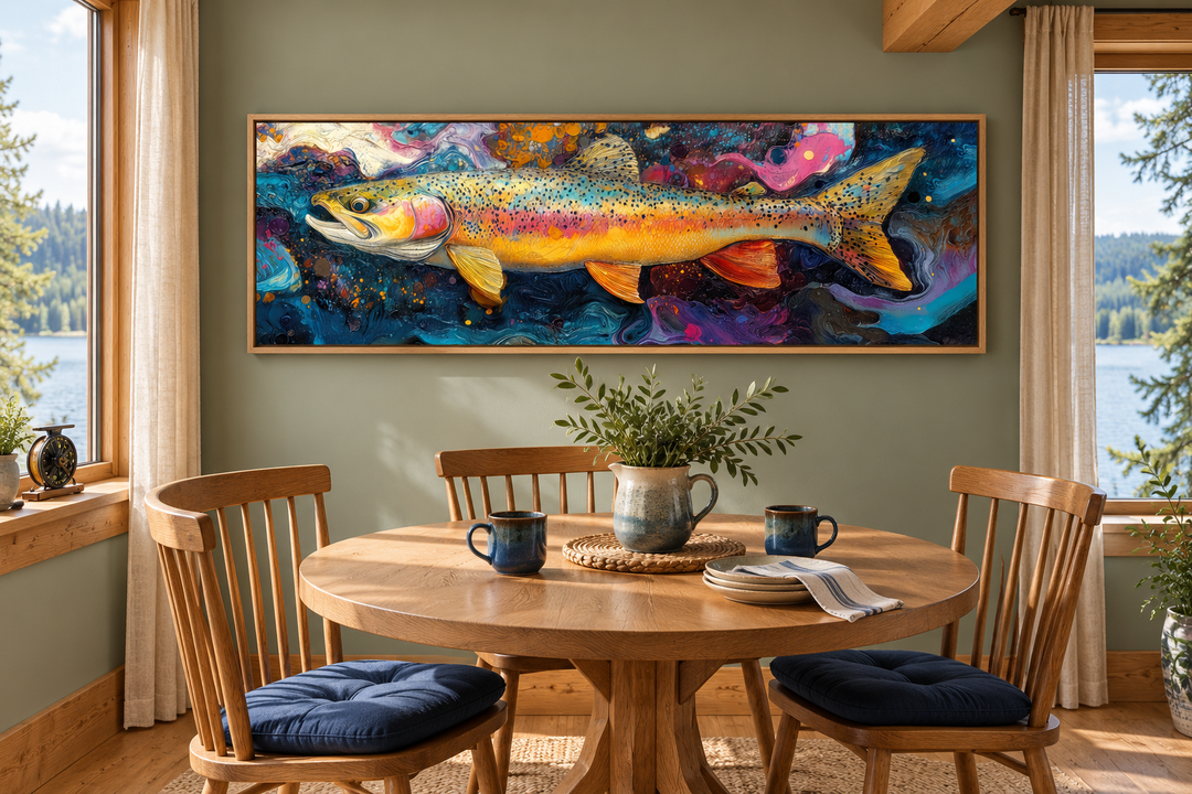 Colorful rainbow trout framed canvas wall art hanging above a wooden dining table in a cabin.
