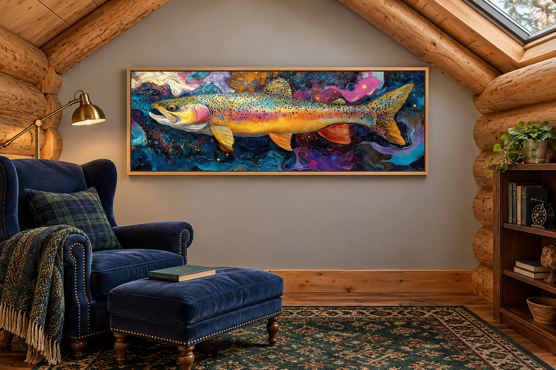 Colorful rainbow trout framed canvas wall art displayed in a rustic cabin living room.