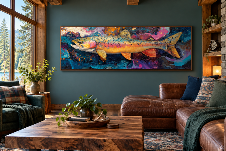 Colorful rainbow trout framed canvas wall art displayed above a leather sofa in a rustic room.