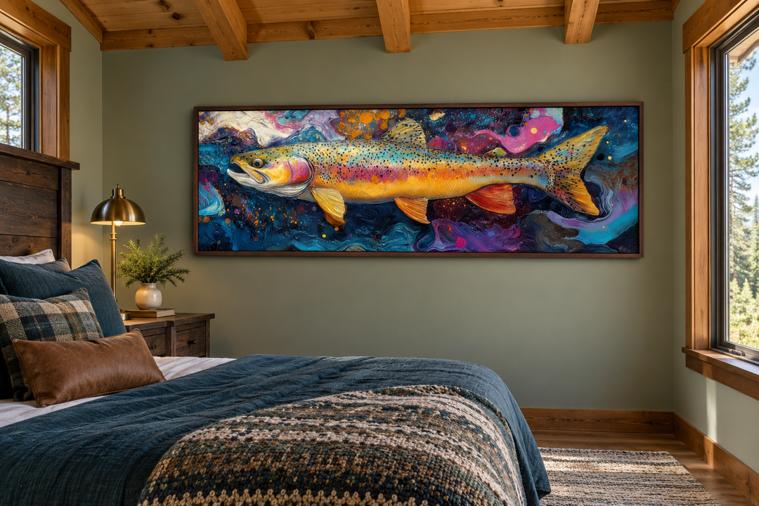 Colorful rainbow trout framed canvas wall art hanging above a bed in a rustic cabin bedroom.
