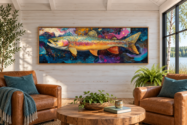 Colorful rainbow trout framed canvas wall art displayed in a rustic living room above two chairs.