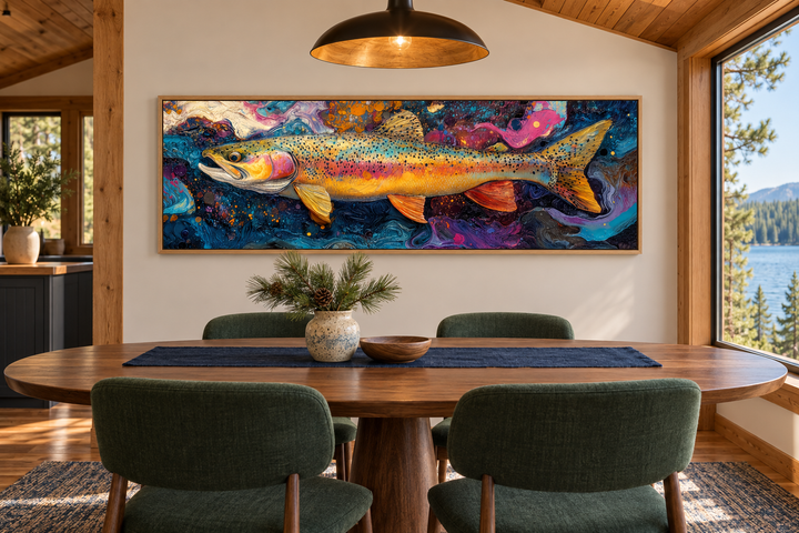 Colorful rainbow trout framed canvas wall art hanging above a dining table in a rustic cabin.