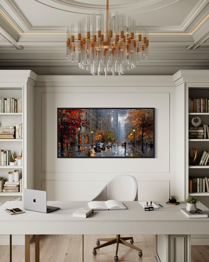 Rainy Chicago Street Framed Canvas Wall Art hanging in a modern home office above a white desk.