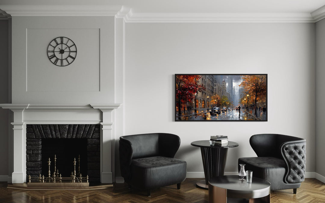 Rainy Chicago Street Framed Canvas Wall Art hanging in a modern living room above black armchairs.