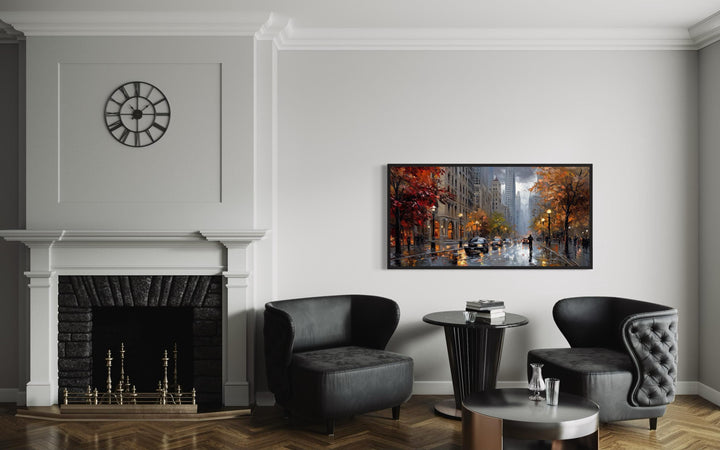 Rainy Chicago Street Framed Canvas Wall Art hanging in a modern living room above black armchairs.