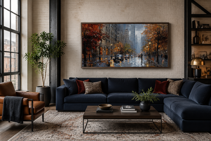 Rainy Chicago Street framed canvas wall art hanging above a navy blue sectional sofa in a loft.