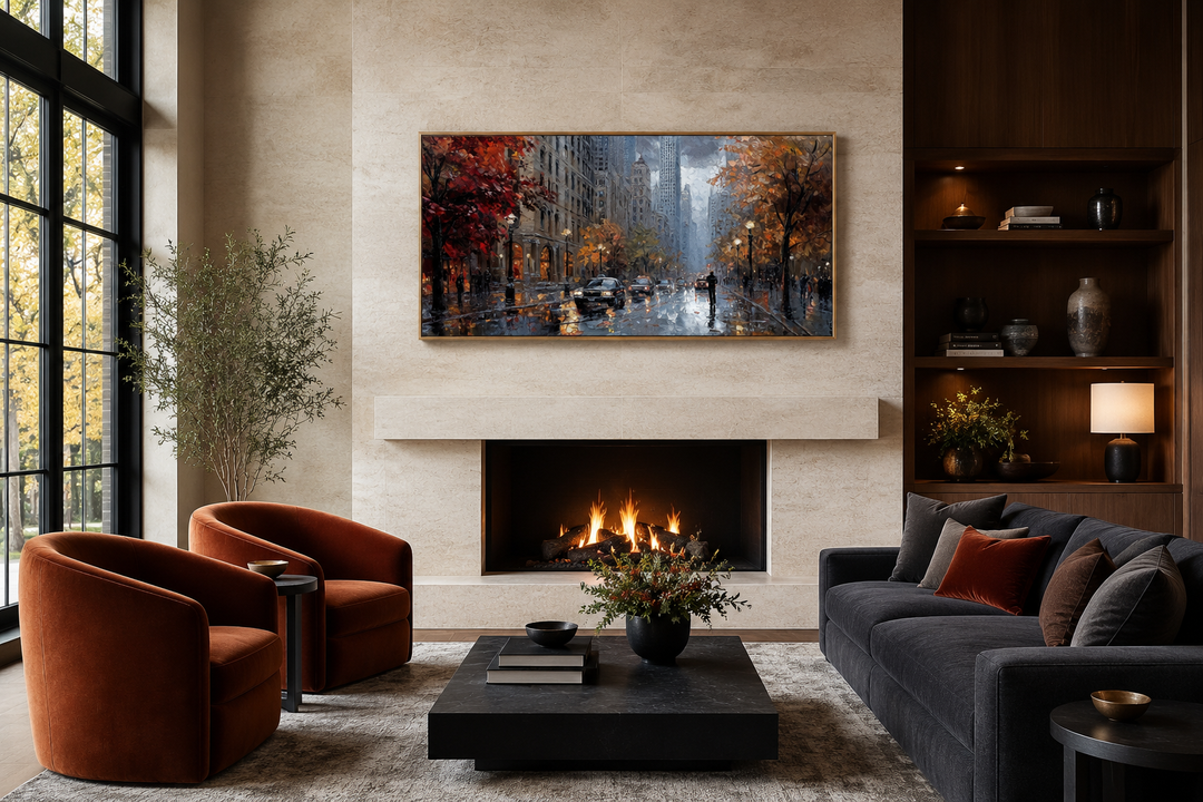Rainy Chicago Street framed canvas wall art hanging above a fireplace in a modern living room.