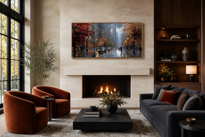 Rainy Chicago Street framed canvas wall art hanging above a fireplace in a modern living room.