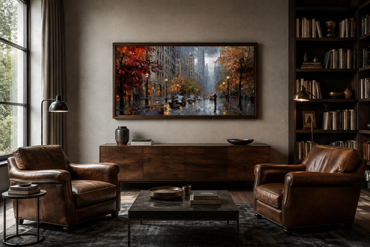 Rainy Chicago Street Framed Canvas Wall Art displayed in a modern living room with leather chairs.