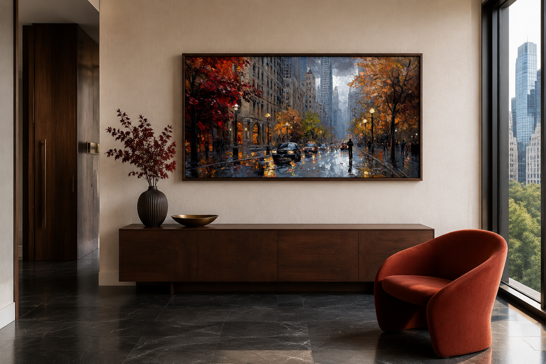 Rainy Chicago Street framed canvas wall art in a modern living room above a wooden sideboard.