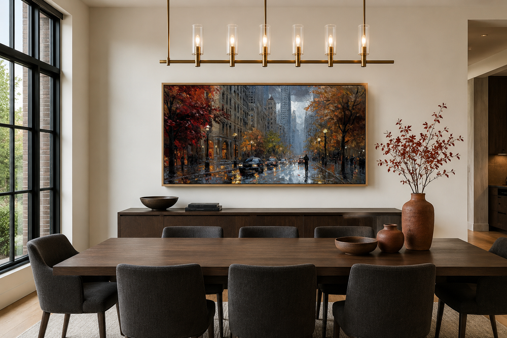 Rainy Chicago Street framed canvas wall art hanging in a modern dining room above a sideboard.