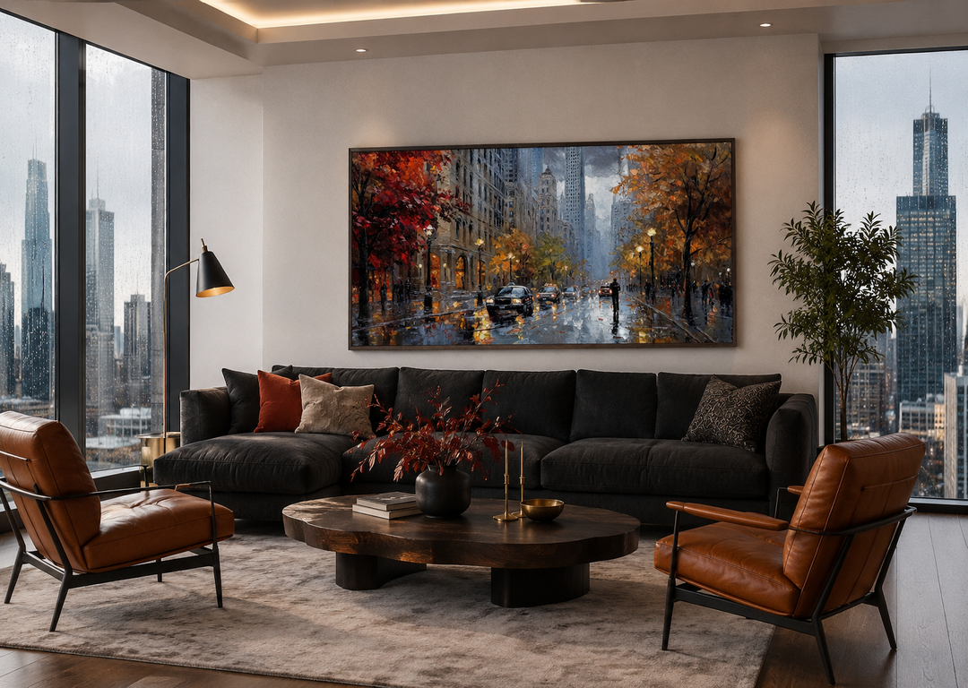 Rainy Chicago Street framed canvas wall art in an impressionistic style above a dark sofa.