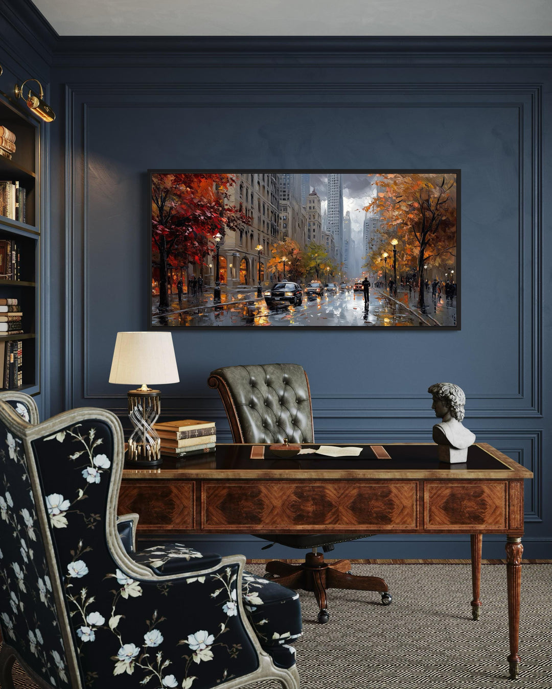 Rainy Chicago Street Framed Canvas Wall Art displayed above a wooden desk in a dark blue office.