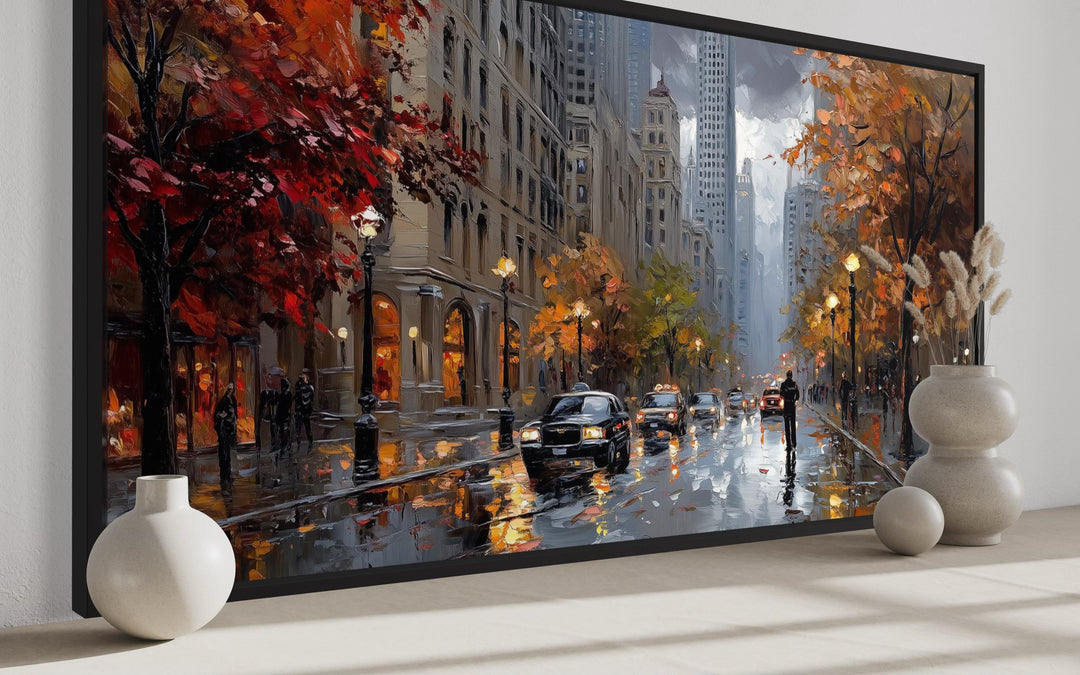 Rainy Chicago Street Framed Canvas Wall Art with impressionistic city scene and autumn trees.