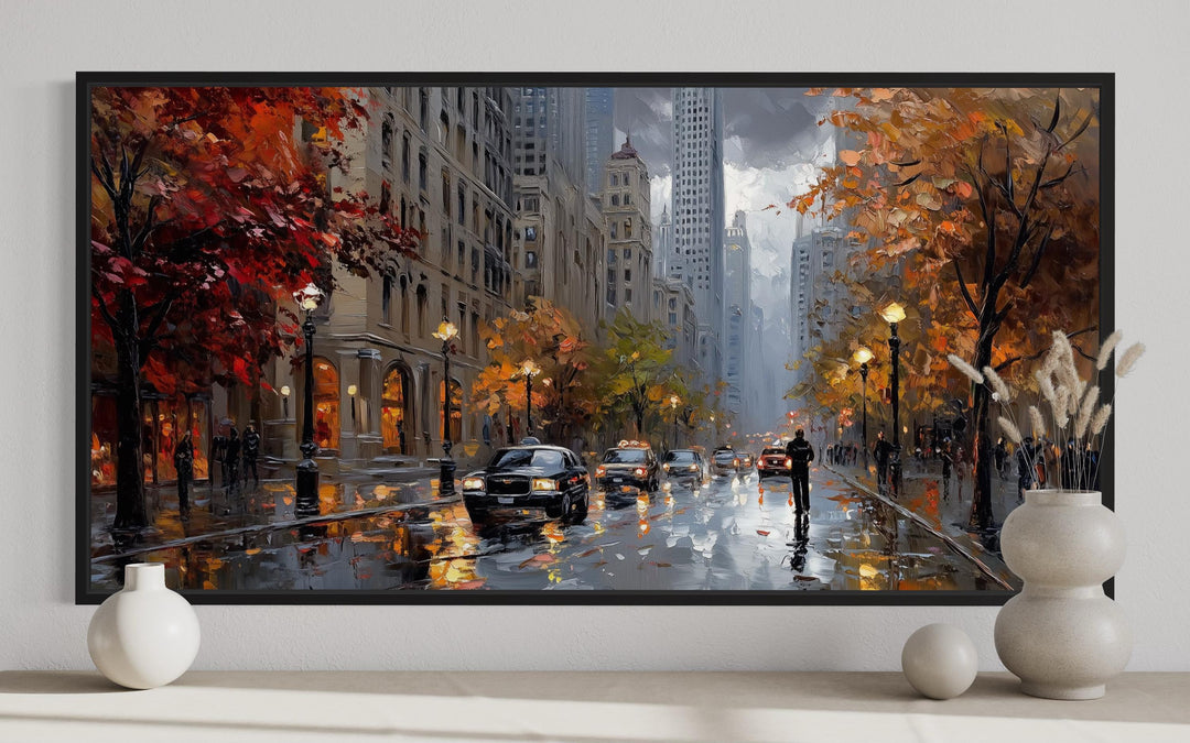 Rainy Chicago Street Framed Canvas Wall Art featuring an impressionistic city scene with fall trees.