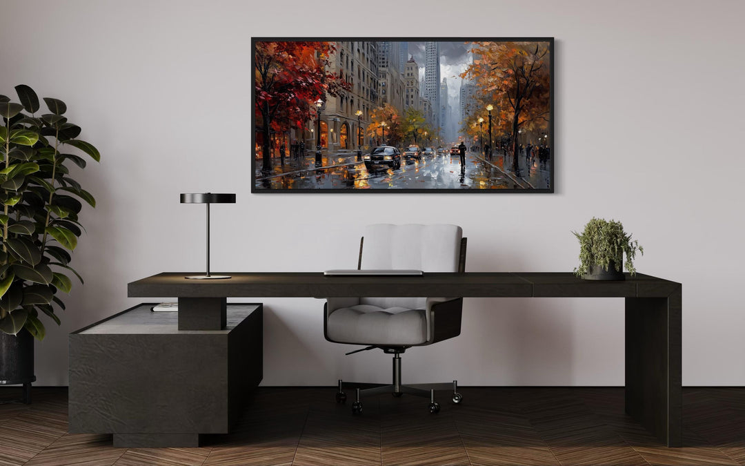 Rainy Chicago Street Framed Canvas Wall Art