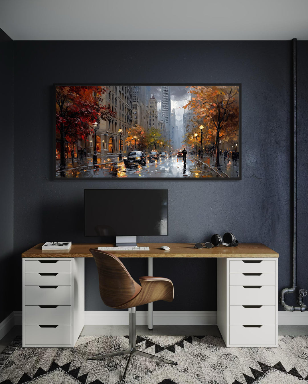 Rainy Chicago Street Framed Canvas Wall Art above a modern desk in a dark-walled office.