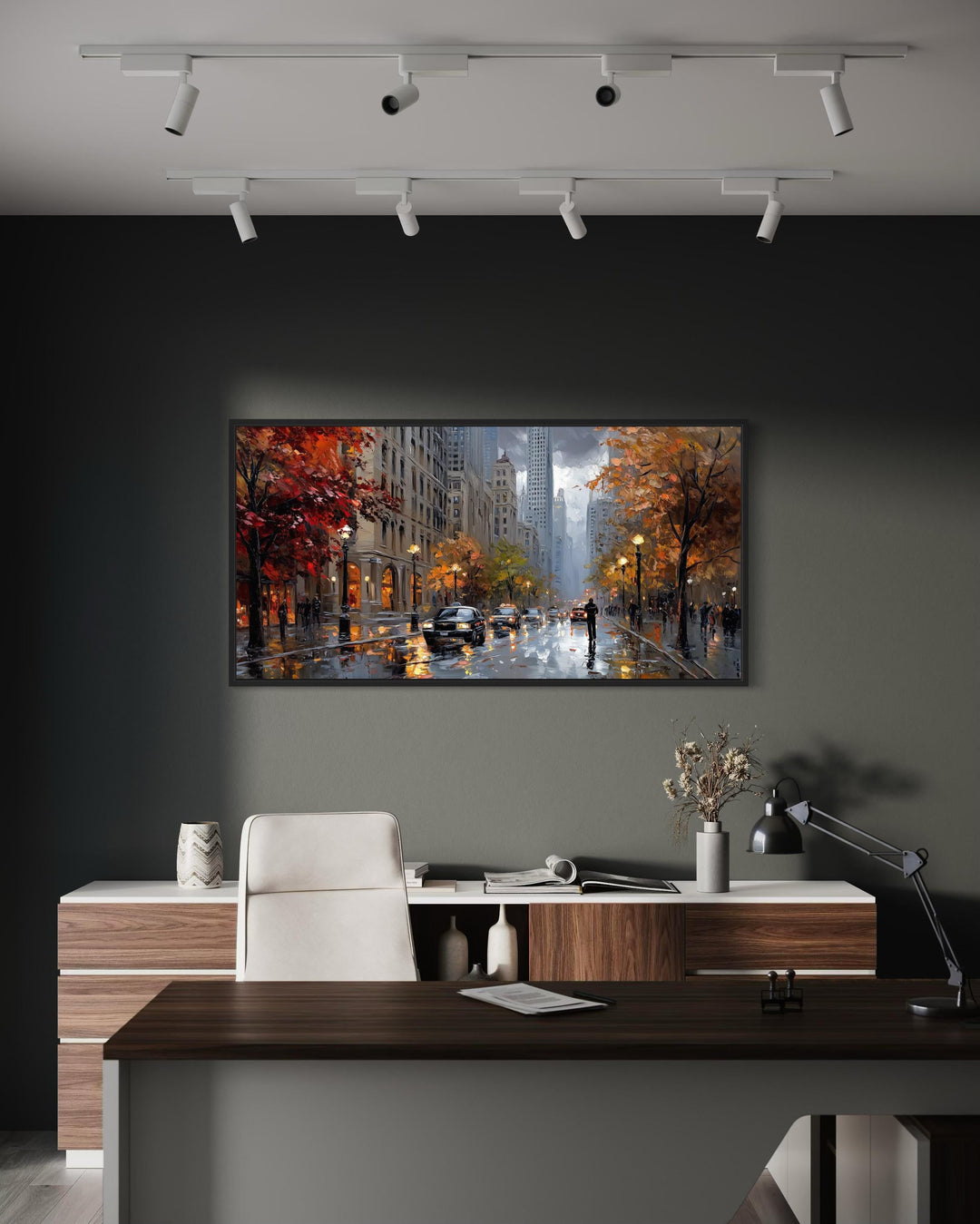 Rainy Chicago Street Framed Canvas Wall Art displayed in a modern office above a desk.