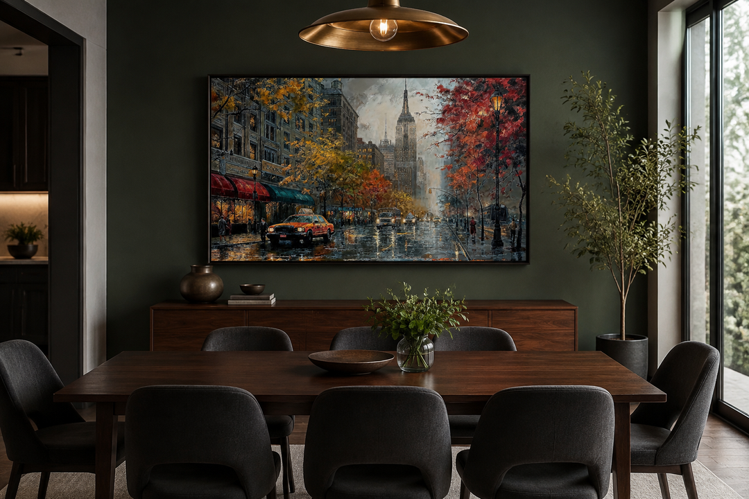 Rainy New York City street framed canvas wall art displayed in a modern dining room.