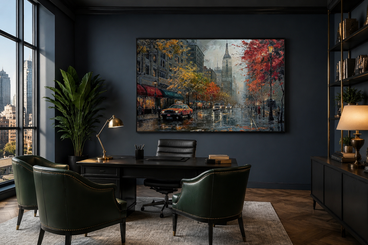 Rainy New York City street framed canvas wall art displayed in a dark, modern home office.