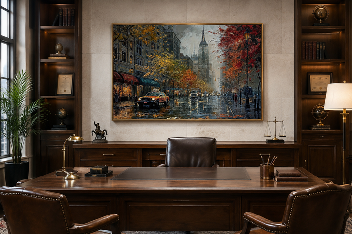 Rainy New York City street framed canvas wall art hanging in a professional office setting.
