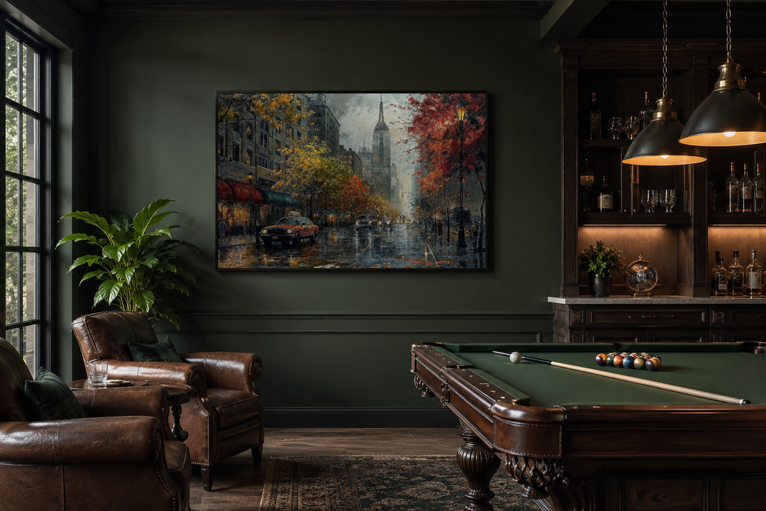 Rainy New York City street framed canvas wall art hanging in a dark green room with a pool table.