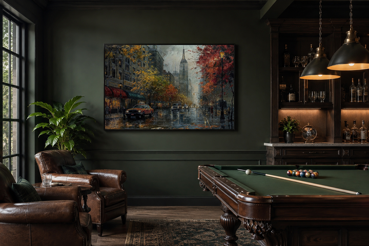 Rainy New York City street framed canvas wall art hanging in a dark green room with a pool table.