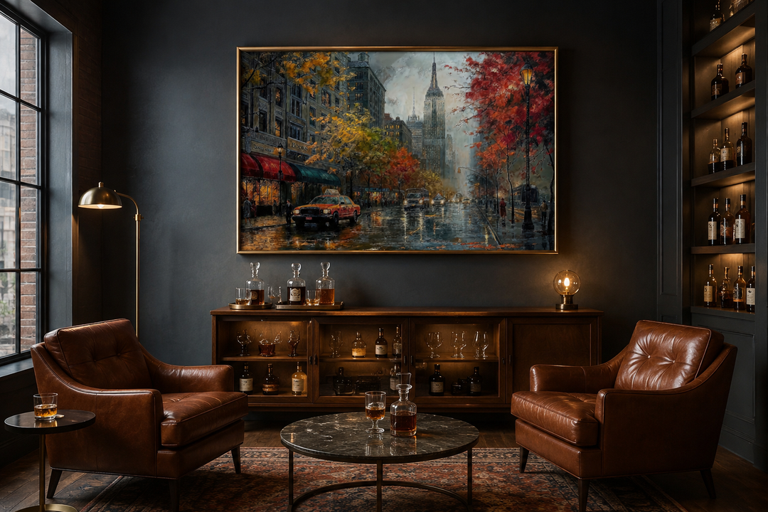 Rainy New York City street framed canvas wall art hanging in a dark, modern lounge with armchairs.