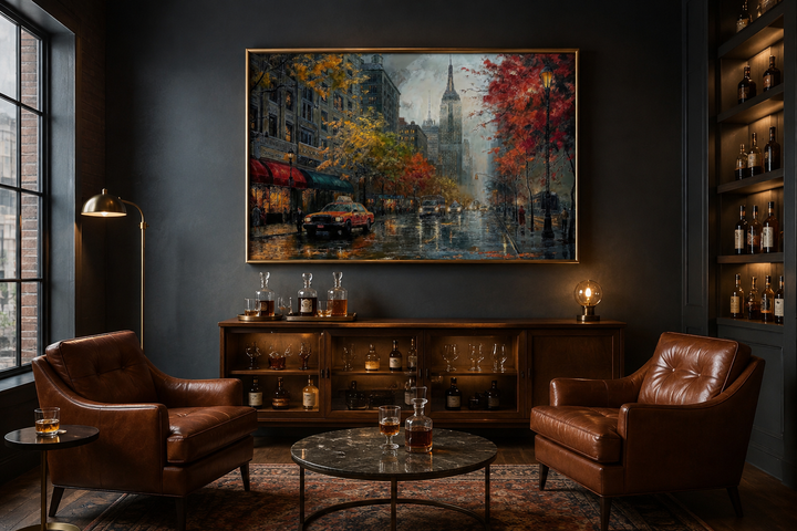 Rainy New York City street framed canvas wall art hanging in a dark, modern lounge with armchairs.