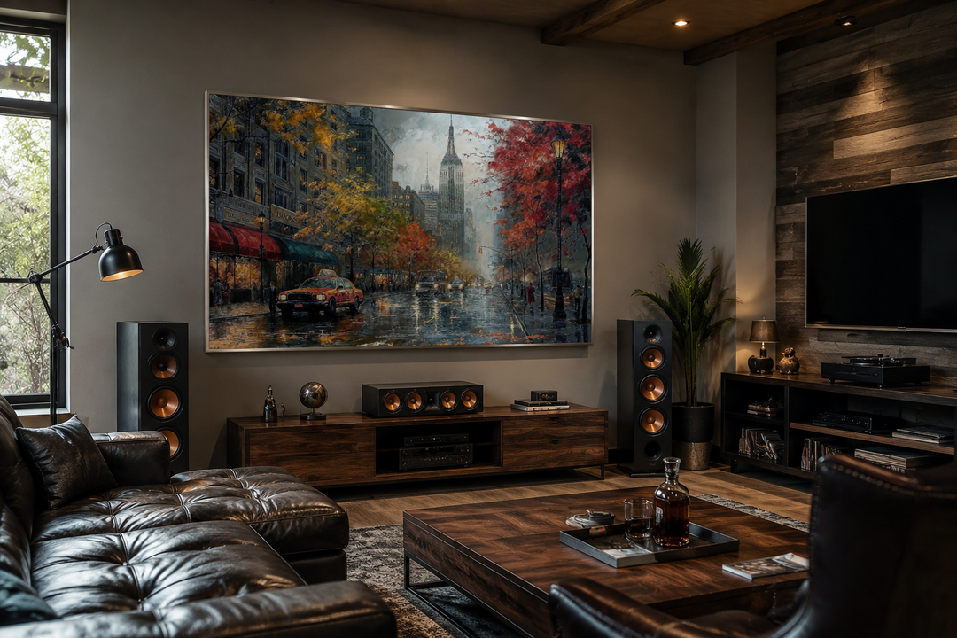 Rainy New York City street framed canvas wall art displayed above a media console in a living room.