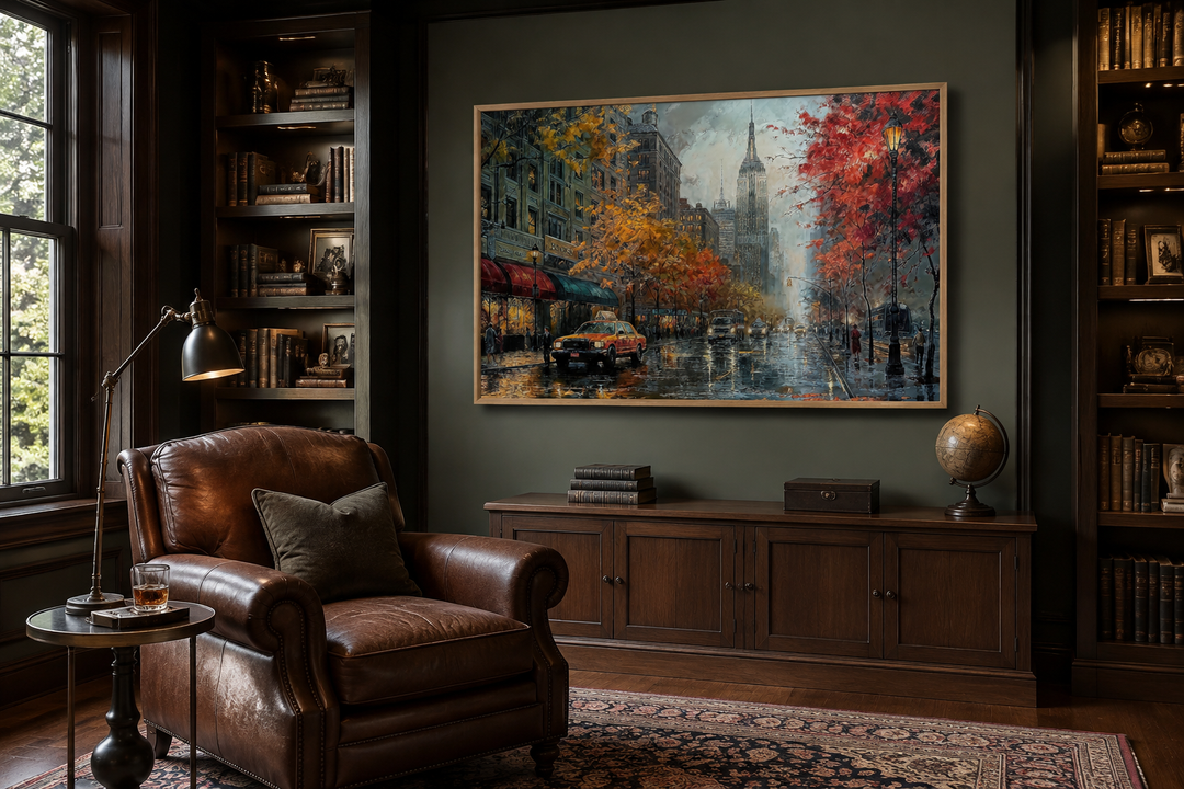 Rainy New York City street framed canvas wall art hanging in a dark, classic study room.