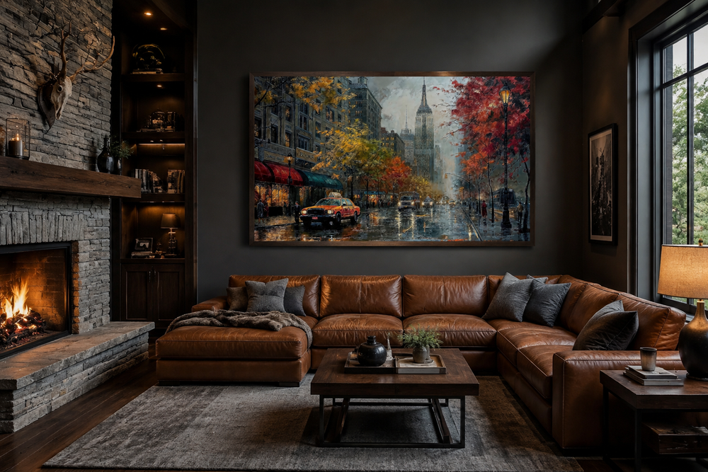 Rainy New York City street framed canvas wall art hanging above a brown leather sectional sofa.