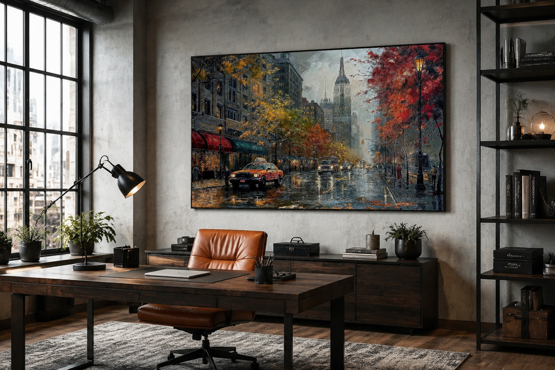 Rainy New York City street framed canvas wall art hanging in a modern home office.