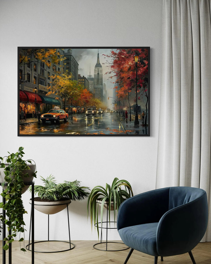 Rainy New York City Street Framed Canvas Wall Art