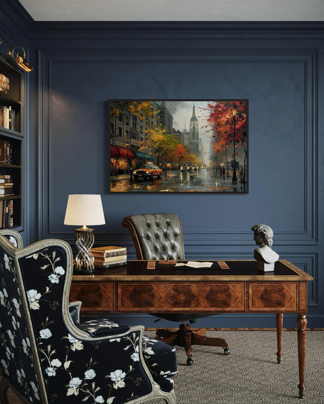 Rainy New York City street framed canvas wall art hanging in a dark blue home office.