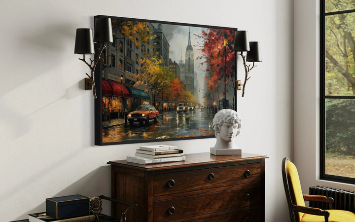 Rainy New York City street framed canvas wall art showing a yellow taxi and autumn trees.