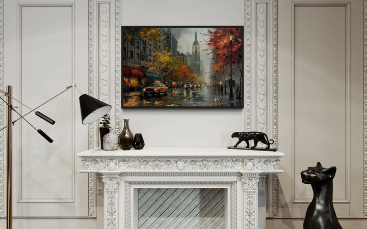 Rainy New York City street framed canvas wall art hanging above a white ornate fireplace mantel.