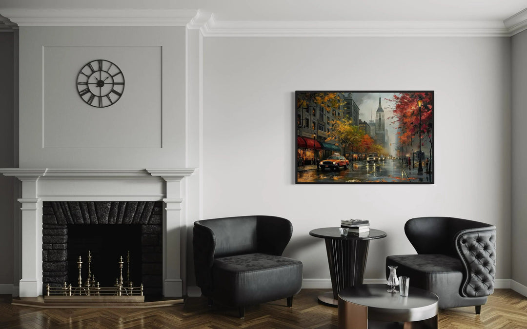 Rainy New York City Street Framed Canvas Wall Art hanging in a modern living room with a fireplace.