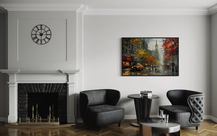 Rainy New York City Street Framed Canvas Wall Art hanging in a modern living room with a fireplace.