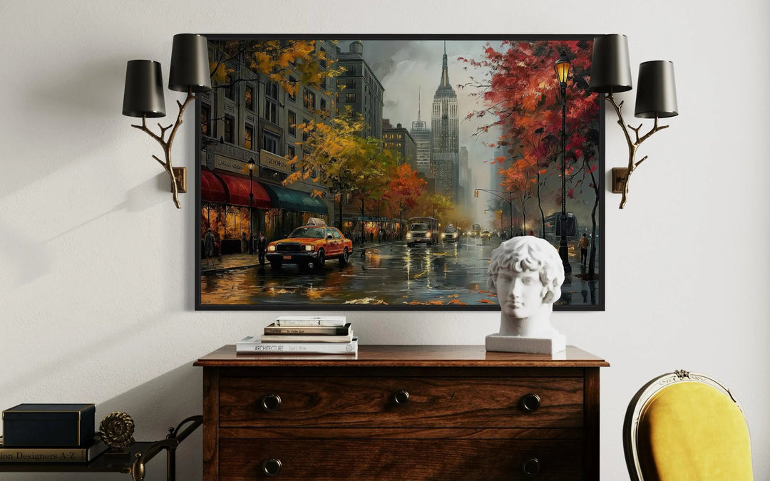Rainy New York City street framed canvas wall art featuring an orange taxi and autumn trees.