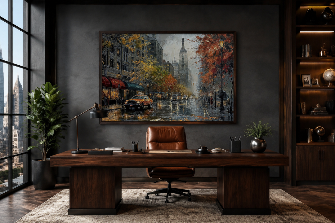 Rainy New York City street framed canvas wall art hanging in a dark, modern home office.