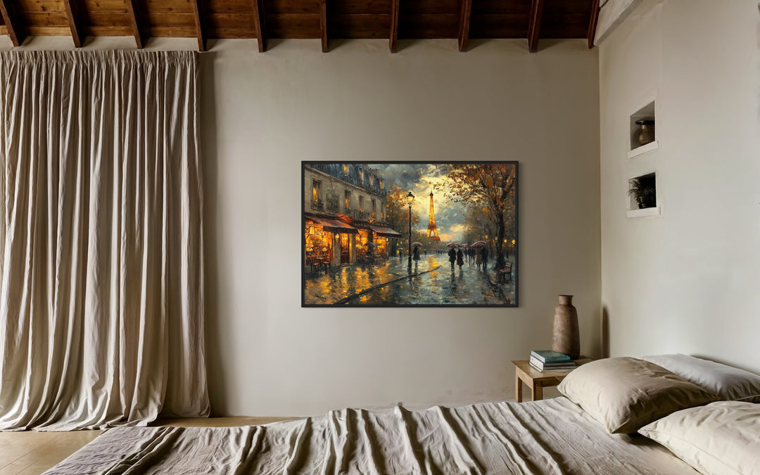 Rainy Paris Street With Eiffel Tower Romantic Framed Canvas Wall Art